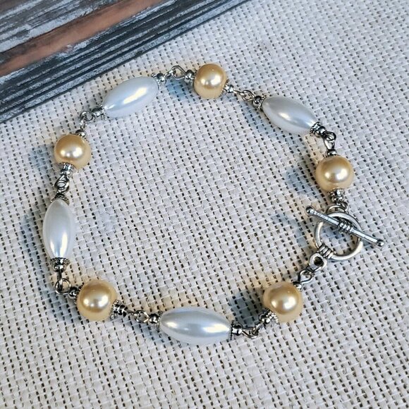 Glass Pearl Bracelet Silver White Champagne Yellow - Picture 5 of 8
